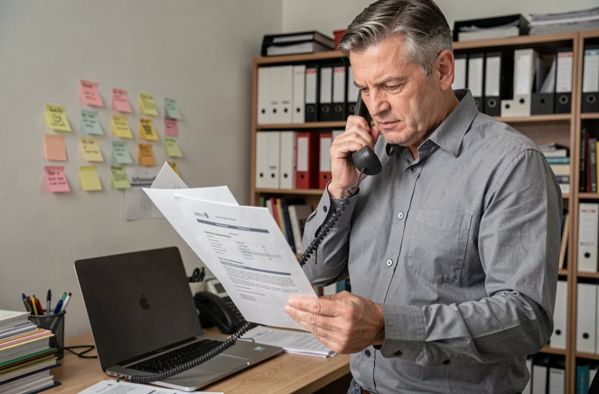 Un homme d'âge moyen consulte un contrat téléphonique Orange tout en tenant un combiné de téléphone fixe dans un bureau à domicile