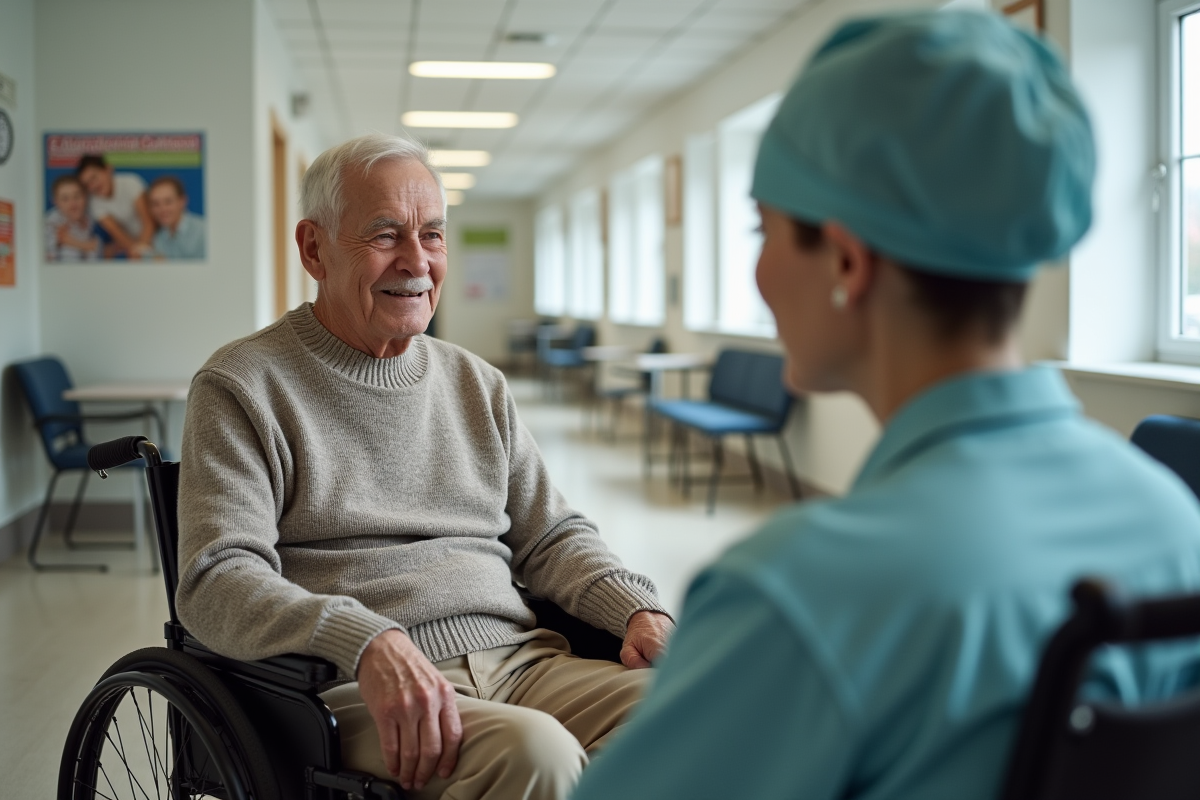 Homme âgé en fauteuil écoutant une infirmière dans un espace médical