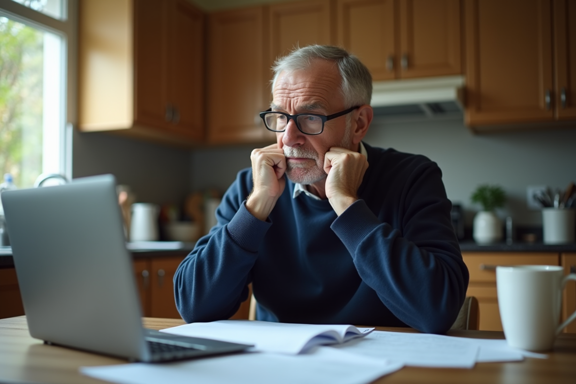 Homme inquiet de 50 ans avec papiers de retraite