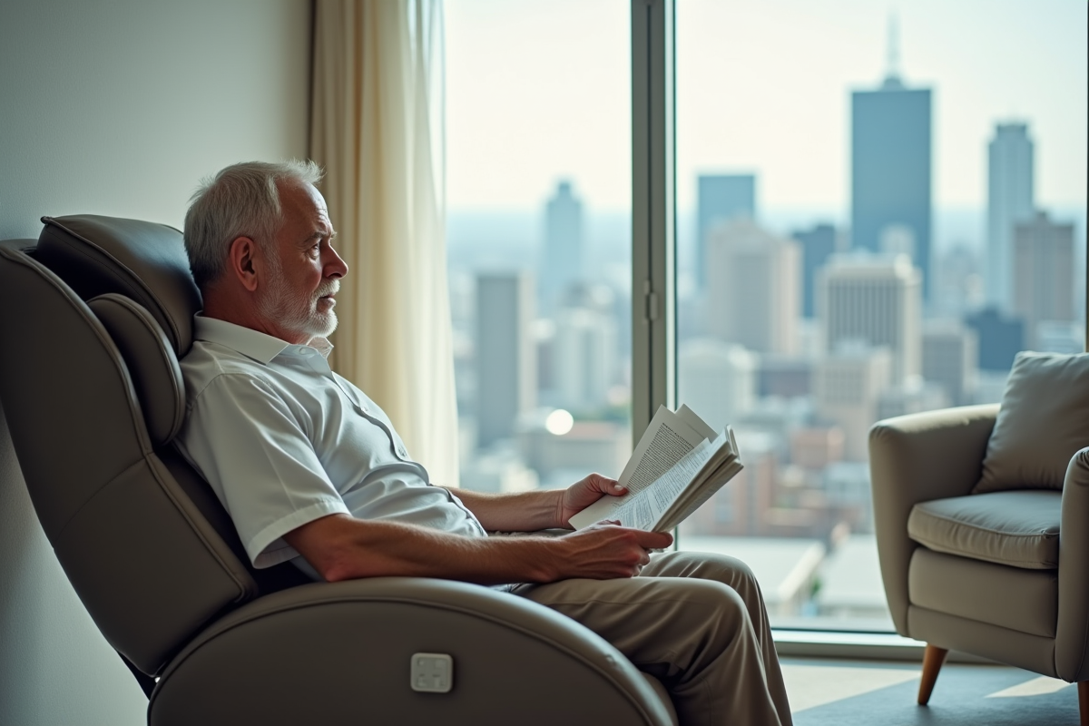 Homme âgé lisant le manuel d