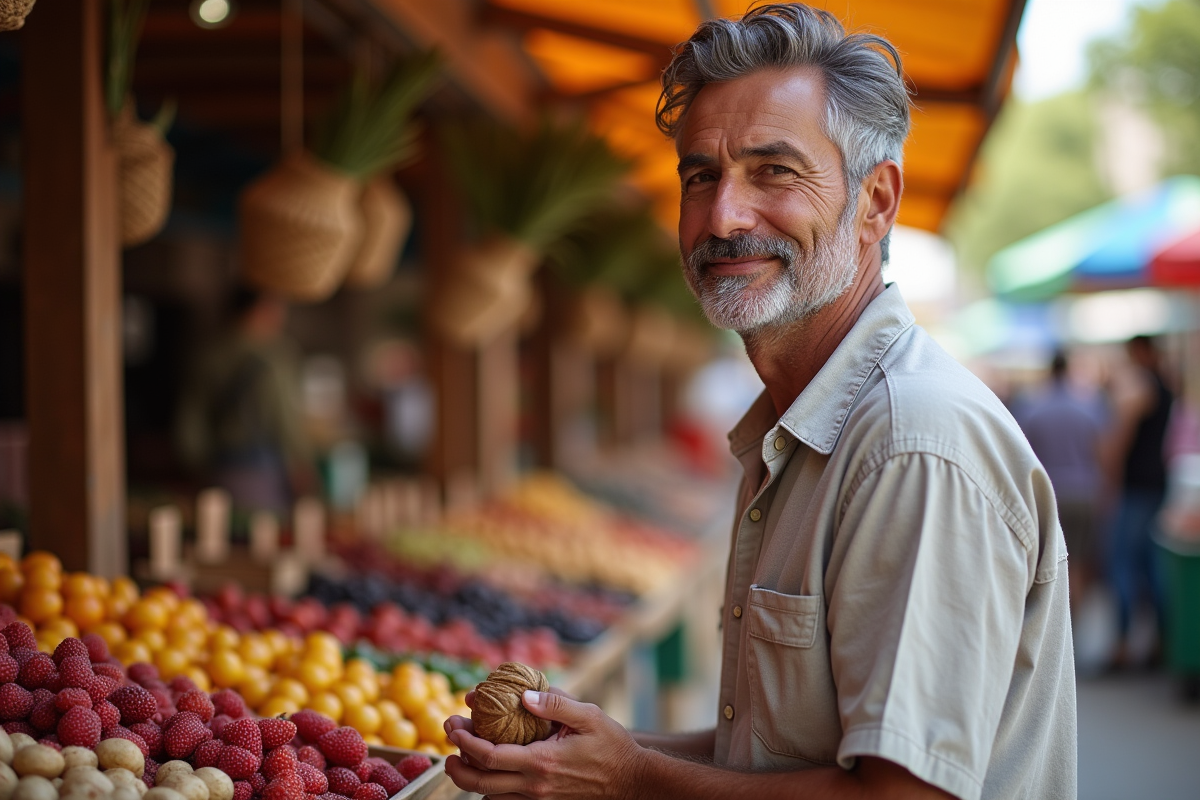 Homme mature achetant des fruits au marché en plein air
