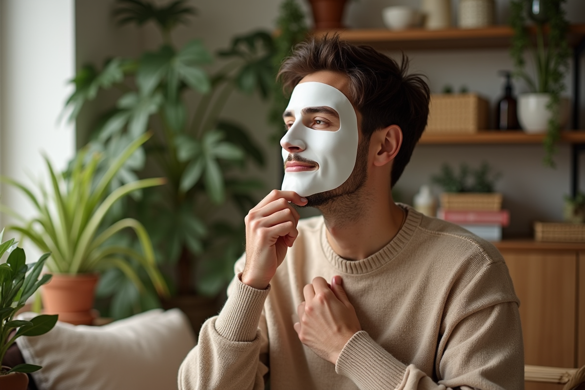 Homme appliquant un masque hydratant dans un salon lumineux
