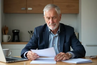 Homme d'environ soixante ans remplissant des documents de recherche d'emploi dans la cuisine