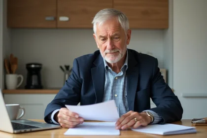 Homme d'environ soixante ans remplissant des documents de recherche d'emploi dans la cuisine