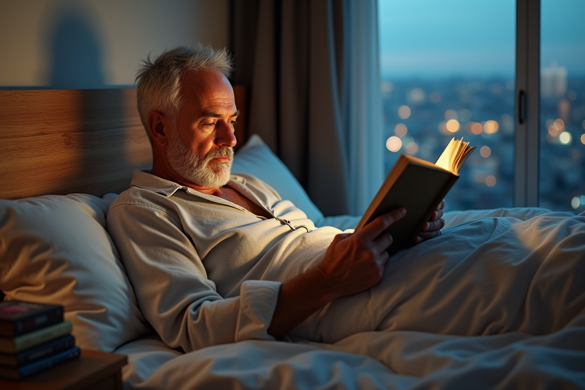 Homme lisant un roman dans une chambre confortable