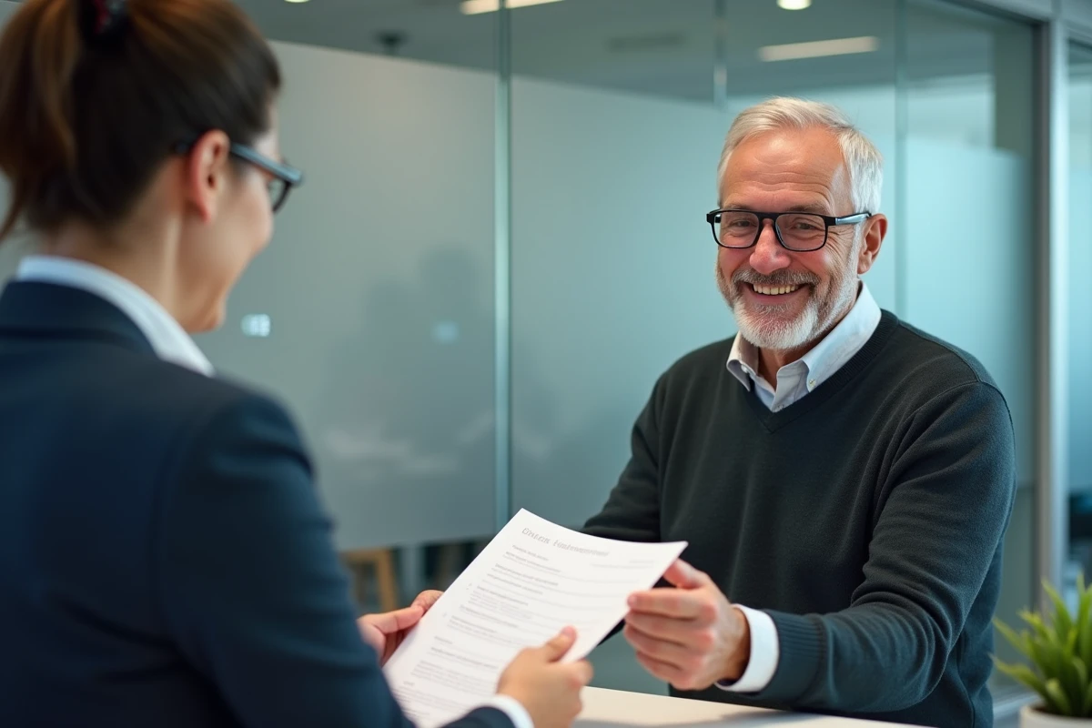 Homme retraité remettant un dossier à un agent administratif