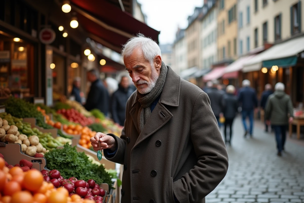 Homme retraité regarde les produits frais au marché en plein air