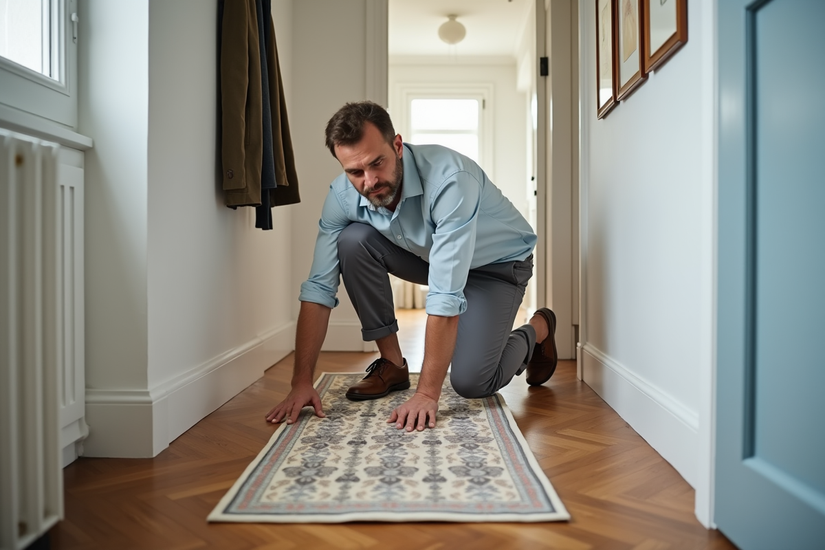 Homme posant des tapis antidérapants sur un parquet