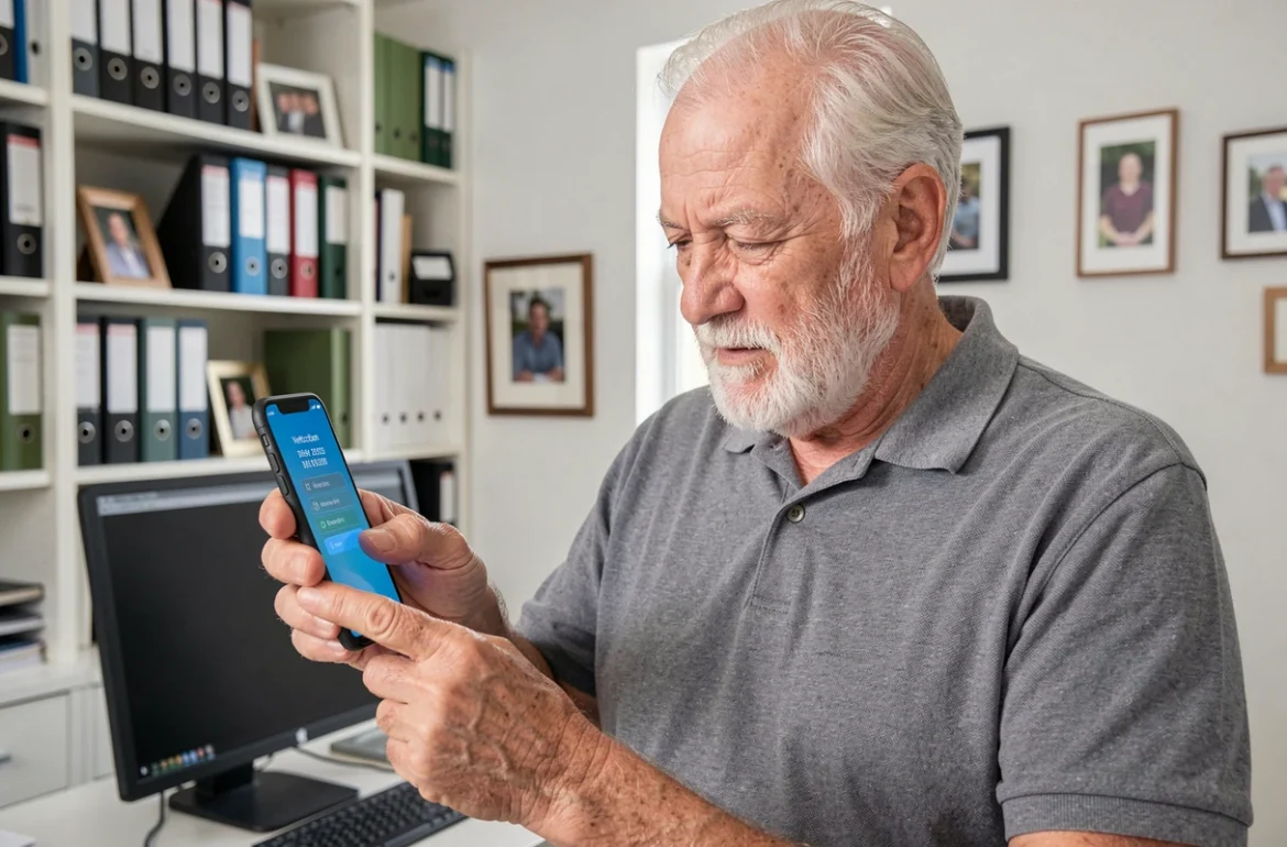 Homme senior activant son compte en ligne via un smartphone dans un bureau à domicile