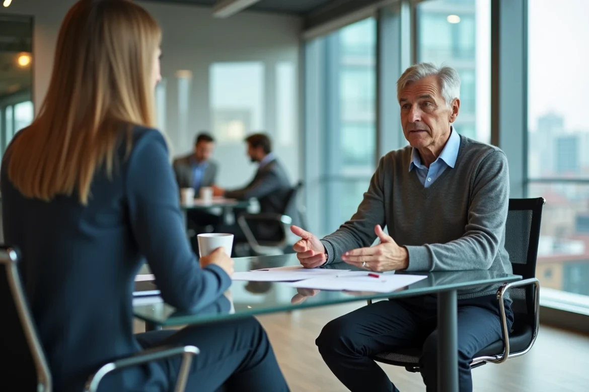 Homme senior en entretien d'embauche avec un recruteur dans un bureau moderne