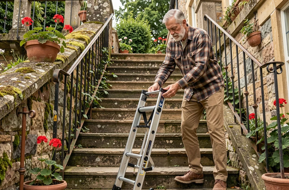 Homme senior installant un monte escaliers portable au bas d'un escalier extérieur en pierre dans un jardin