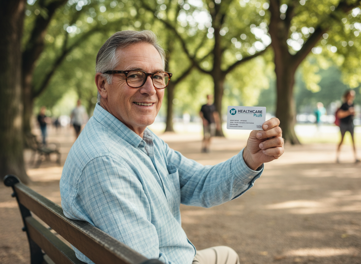 Homme senior souriant tenant sa carte de santé dans un parc