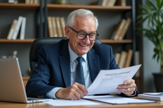 Homme senior en costume bleu examinant un document officiel de retraite