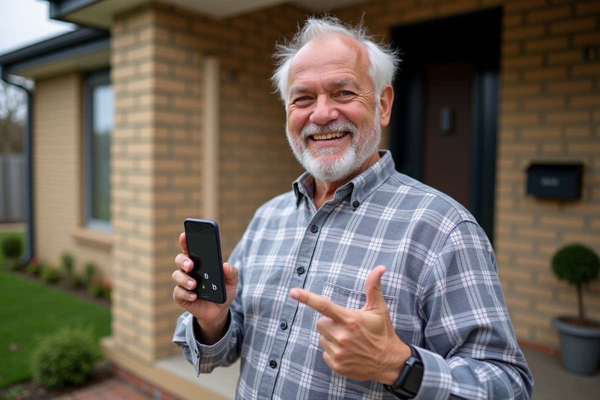Homme âgé souriant pointant les boutons du téléphone Doro dehors