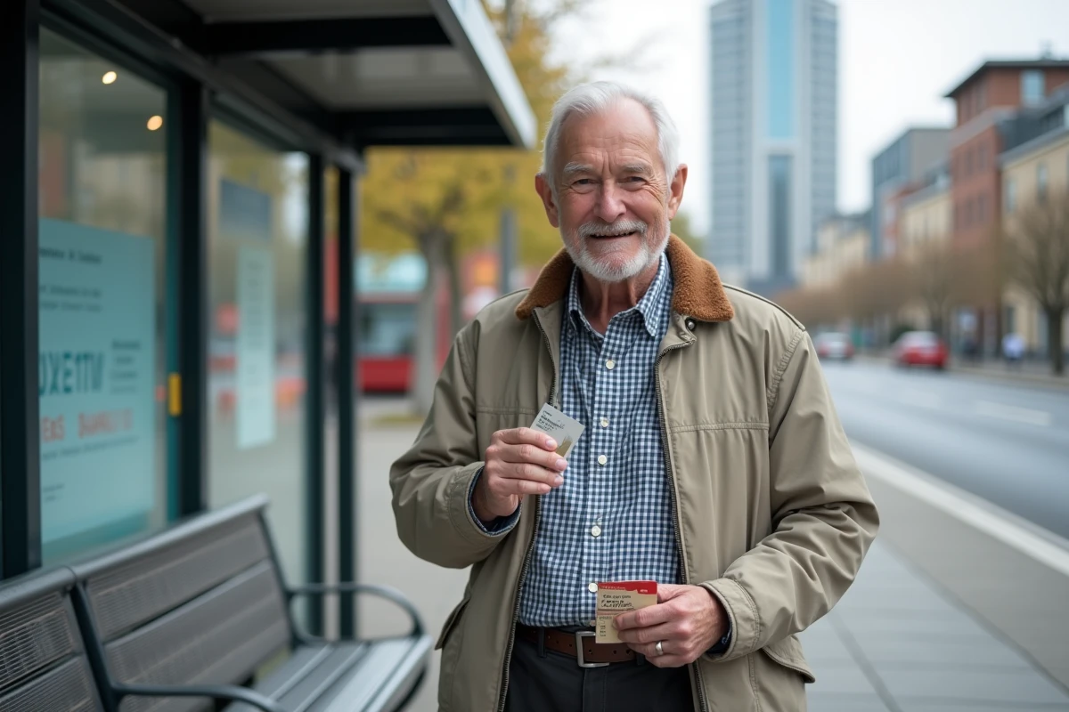 Homme âgé souriant attendant à un arrêt de bus avec sa carte de pension