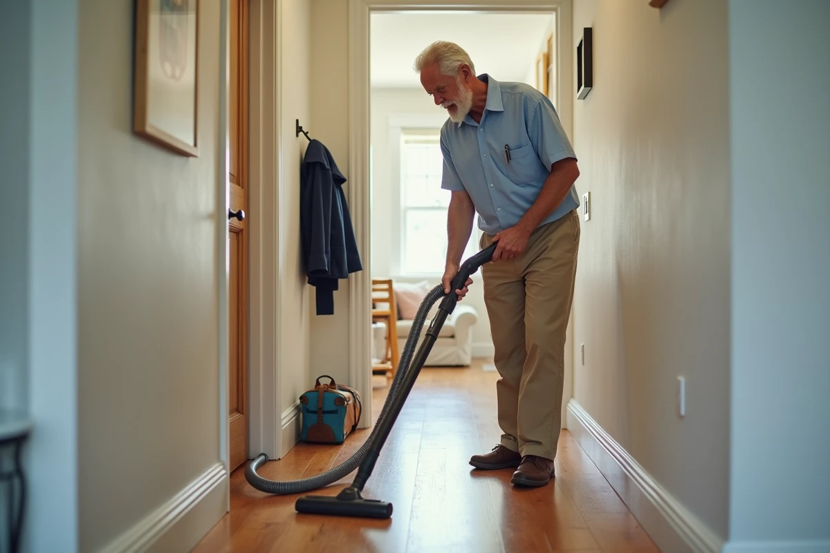 Homme professionnel aspirant un couloir dans une maison