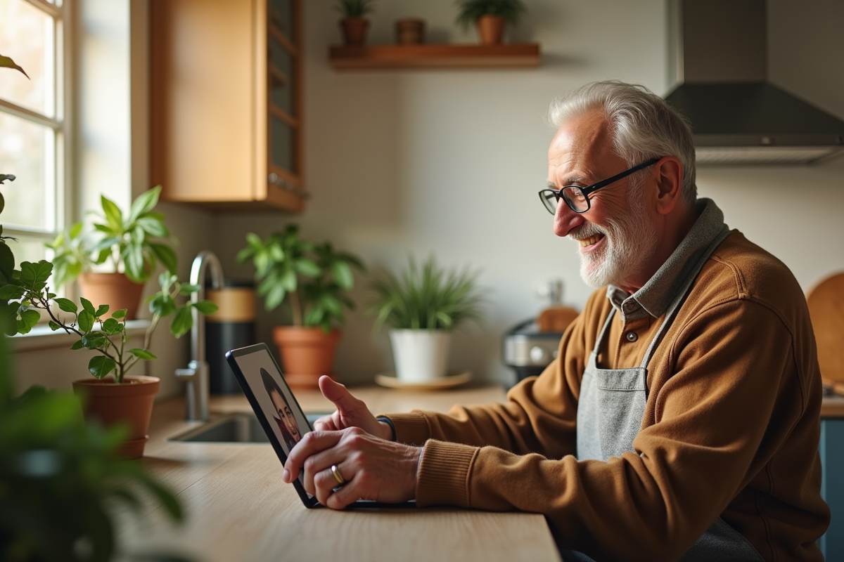 Homme agee faisant un appel video en cuisine lumineuse