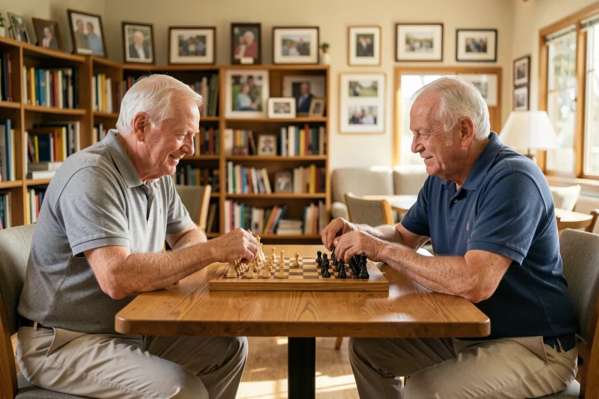 Deux hommes seniors jouant aux échecs dans une salle commune d'un club senior animé