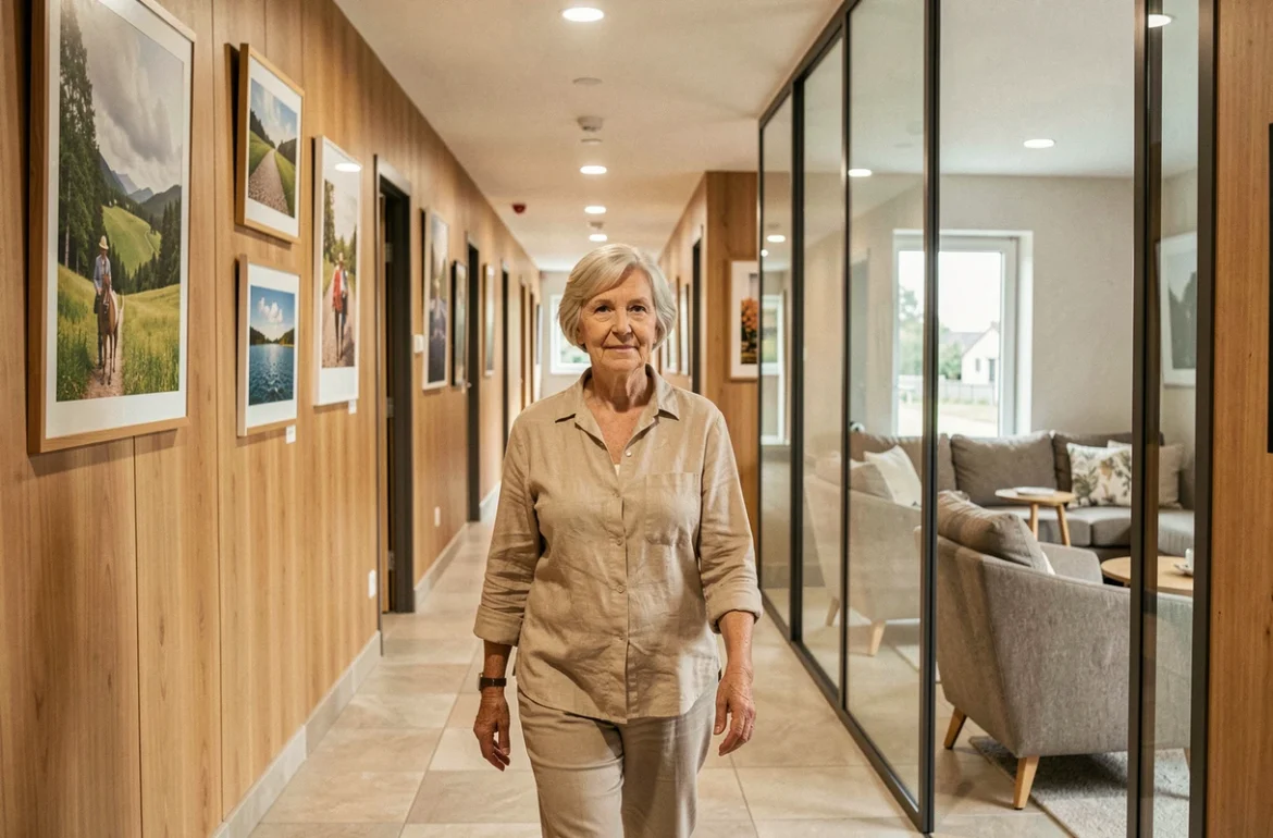 Résidente senior se promenant dans le couloir soigné de la résidence IDYLIA Albertine à Albert