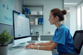 Infirmière utilisant le logiciel NETSoins colisée sur un poste informatique en établissement de soins
