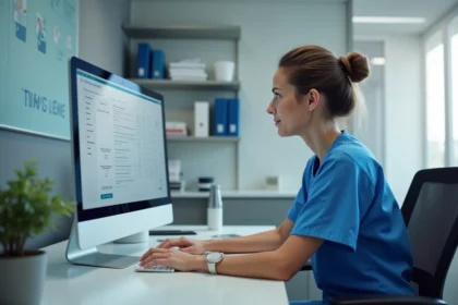Infirmière utilisant le logiciel NETSoins colisée sur un poste informatique en établissement de soins