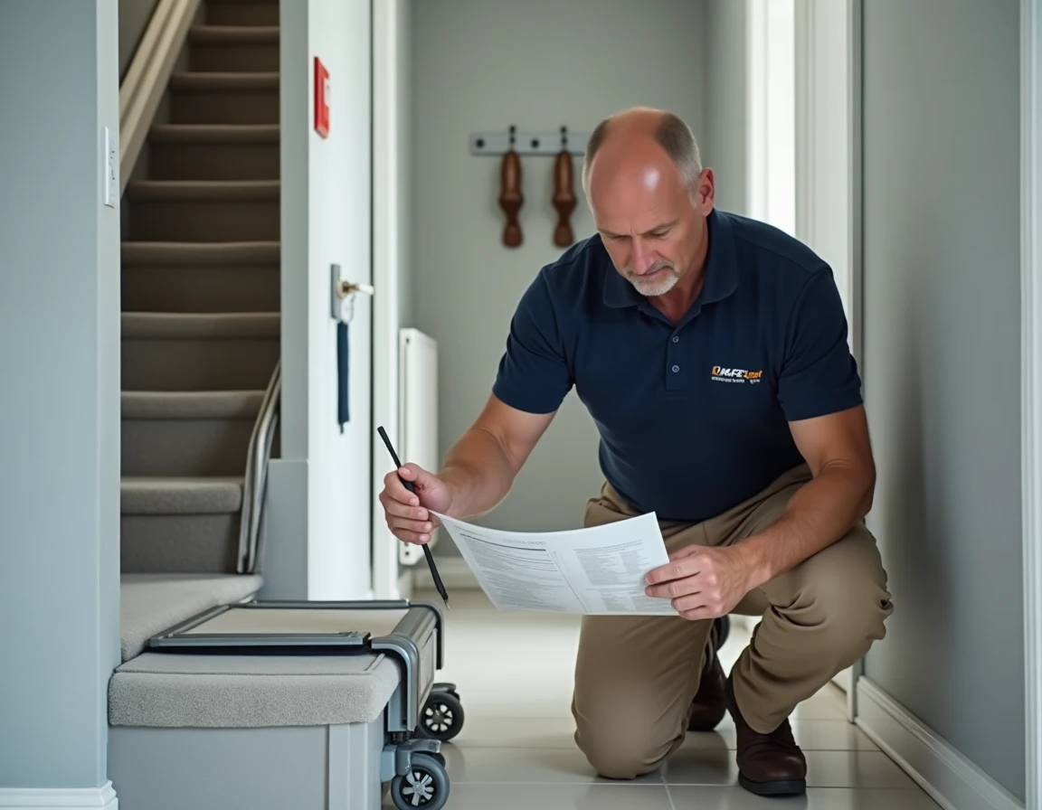 Technicien installant un monte-escalier portable à location dans le couloir d'un appartement résidentiel