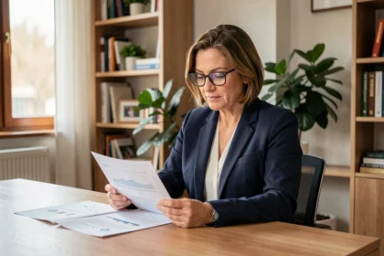 Femme de cinquante ans analysant des documents d'investissement immobilier dans un bureau moderne et serein