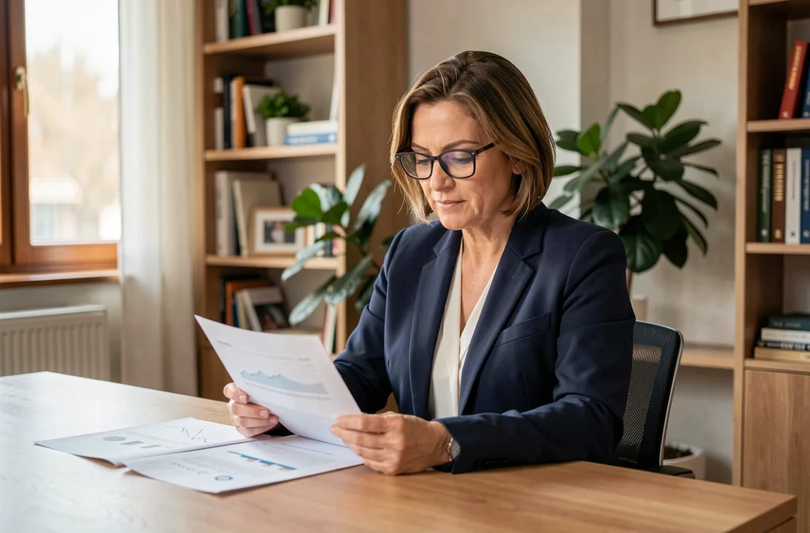 Femme de cinquante ans analysant des documents d'investissement immobilier dans un bureau moderne et serein