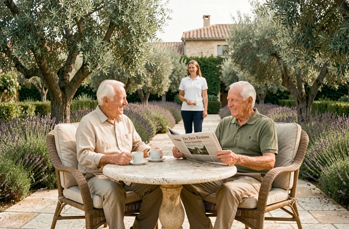 Deux résidents seniors profitant de la terrasse jardin d'une résidence à Nîmes lors d'une visite de découverte