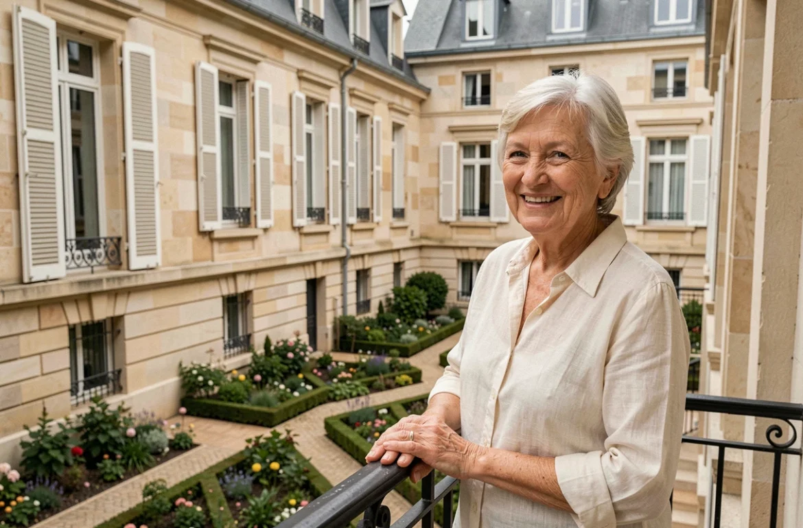 Résidente senior sur le balcon de la résidence Les Jardins d'Arcadie Le Carré Perret à Amiens