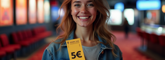 Jeune femme souriante avec ticket cinéma à 5 euros