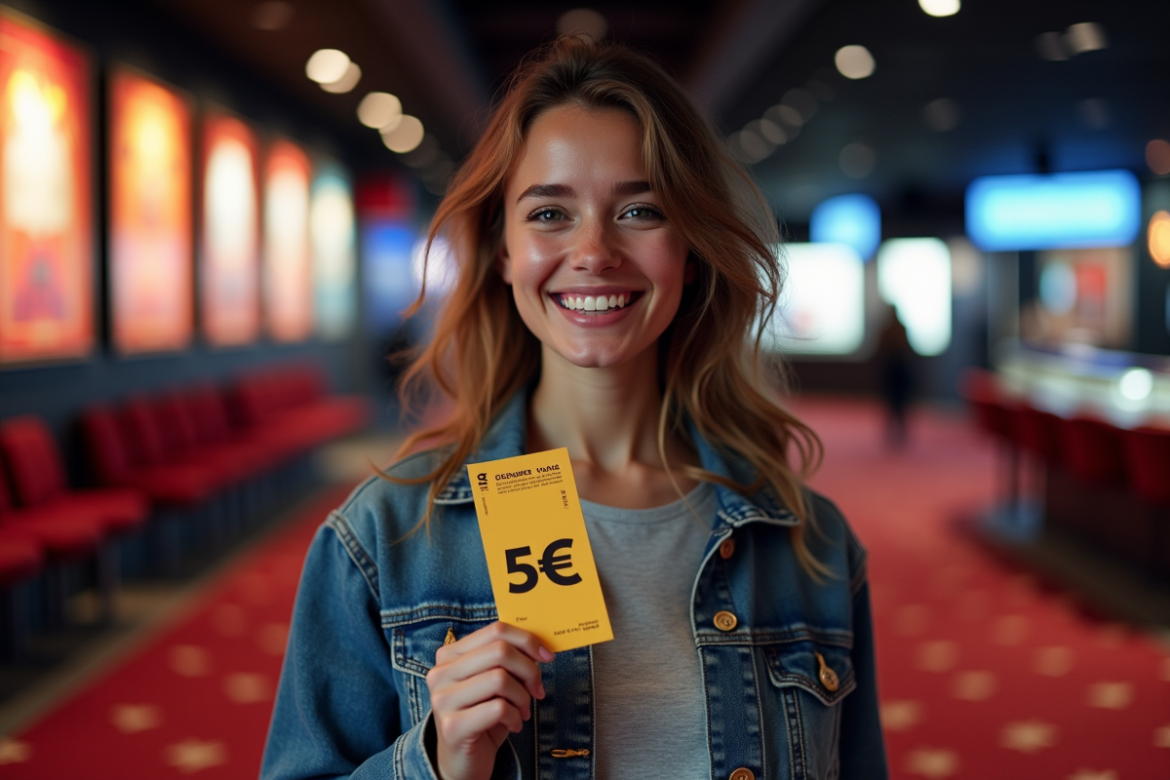 Jeune femme souriante avec ticket cinéma à 5 euros