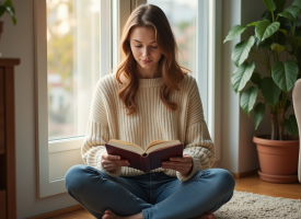 Jeune femme lisant un livre dans un salon lumineux