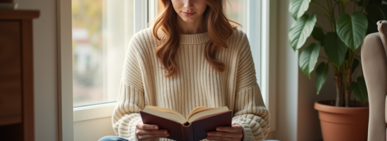 Jeune femme lisant un livre dans un salon lumineux
