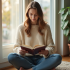 Jeune femme lisant un livre dans un salon lumineux