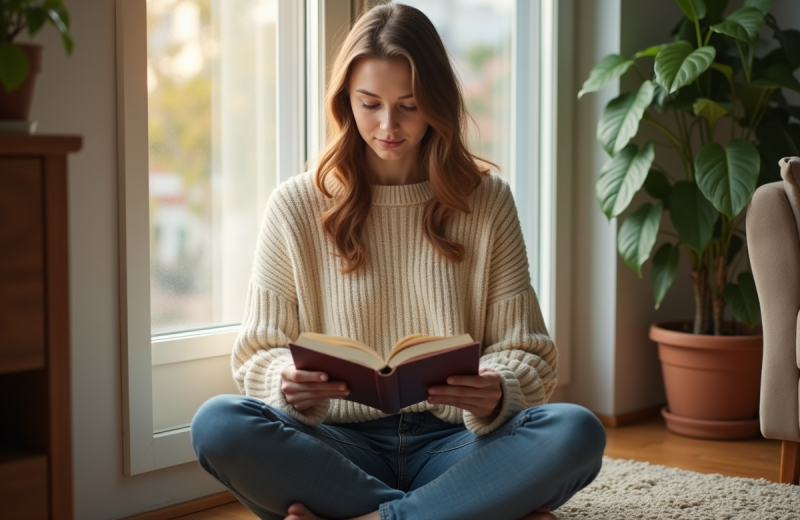Jeune femme lisant un livre dans un salon lumineux