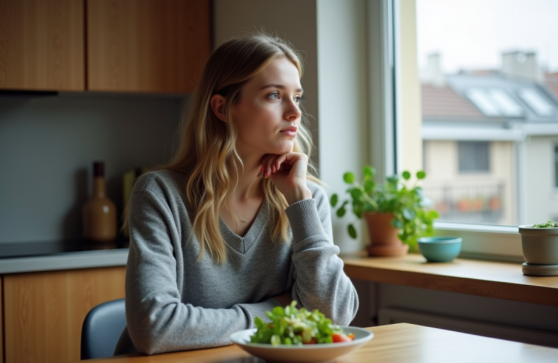 Jeune femme pensive dans une cuisine cosy avec salade