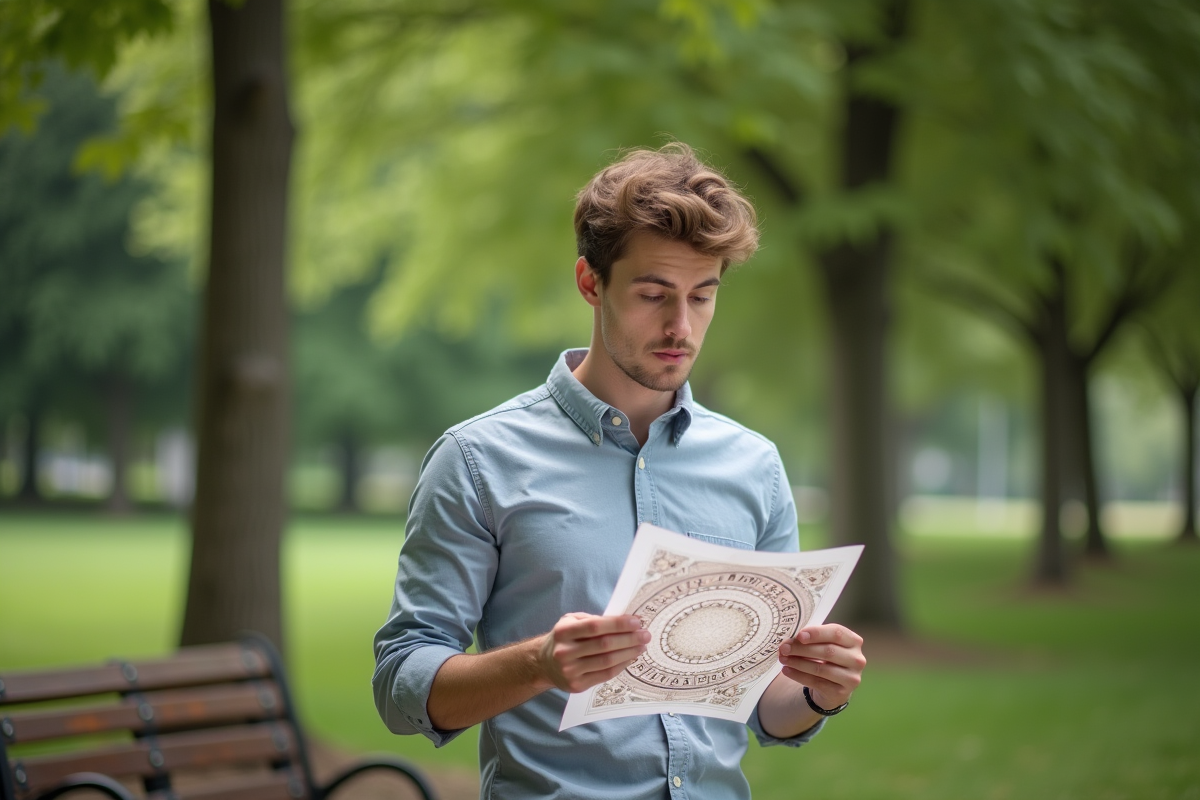 Jeune homme étudiant un diagramme de numerologie en plein air