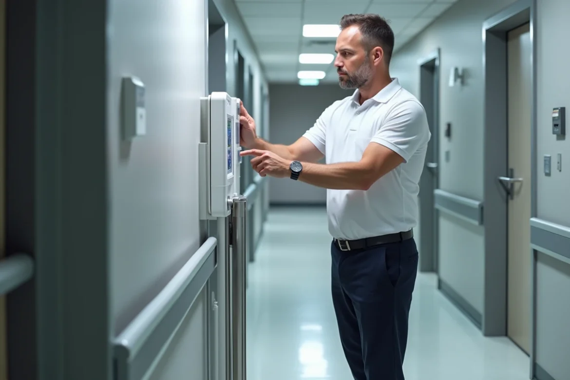 Un kinésithérapeute expliquant l'utilisation sécurisée d'un ascenseur portable dans une clinique de rééducation moderne