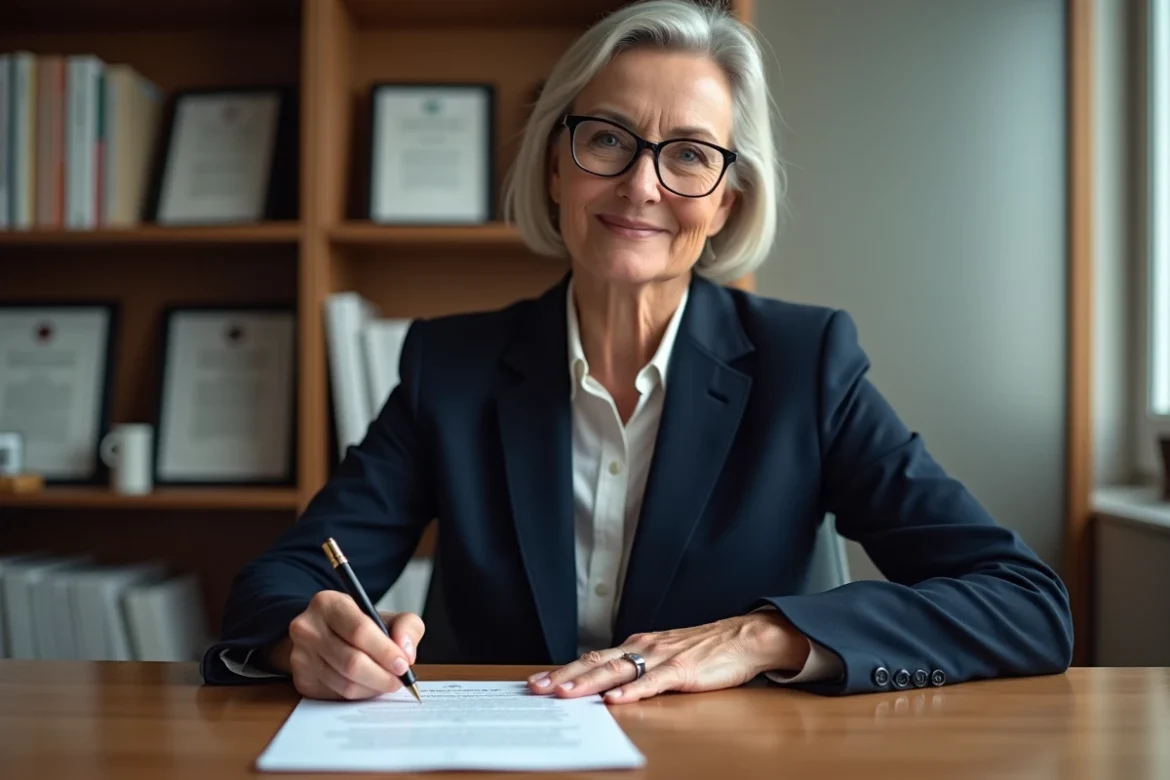 Femme cadre en fin de carrière signant sa lettre de départ à la retraite à son bureau en CDI