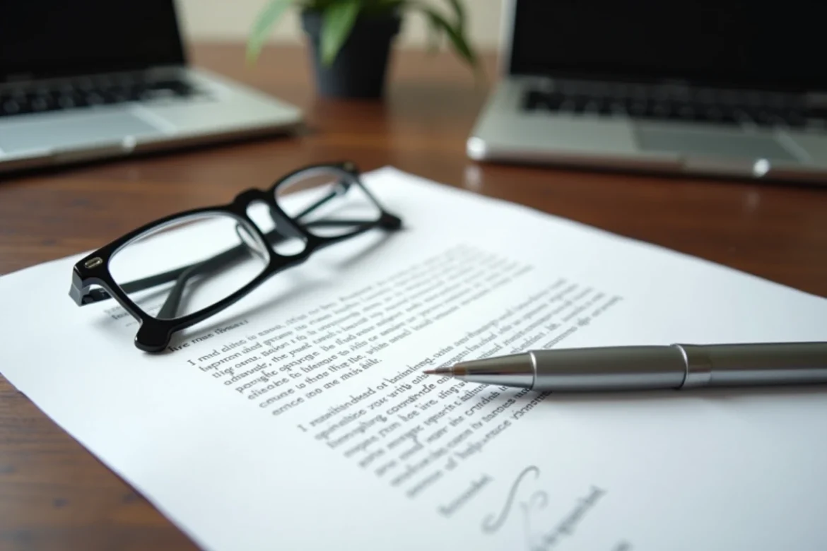 Lettre de départ à la retraite posée sur un bureau en bois avec stylo et lunettes, cadre formel et professionnel