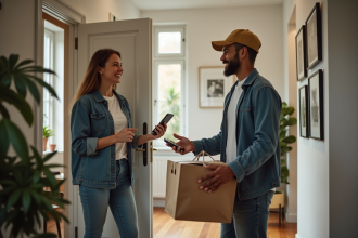 Jeune femme recevant une livraison de repas dans son appartement