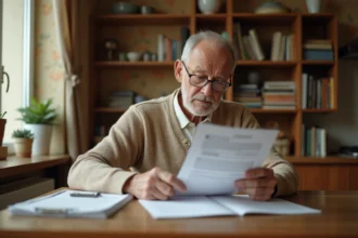 Locataire âgé de plus de 65 ans examinant des documents officiels liés à un congé de bail à son domicile