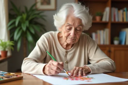 Femme âgée peignant à l'aquarelle dans une maison de retraite, activité créative adaptée aux personnes en perte d'autonomie