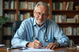 Médecin retraité rédigeant une ordonnance médicale à son bureau à domicile