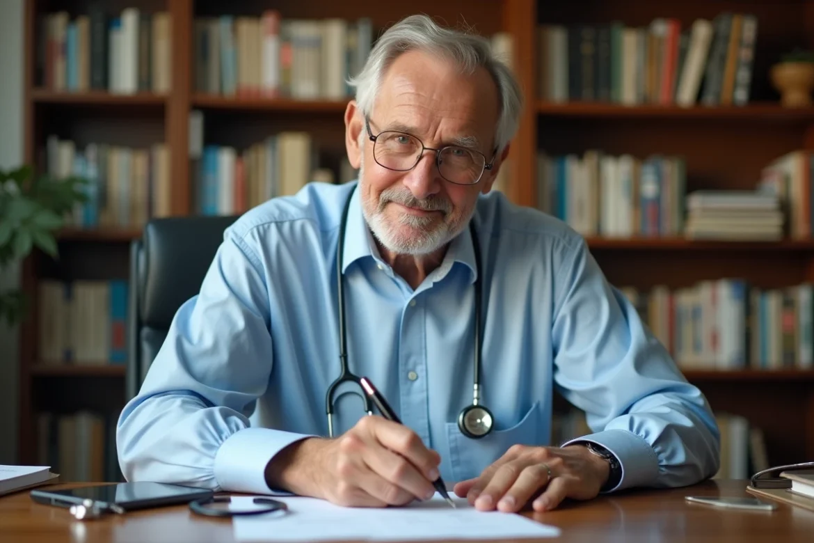 Médecin retraité rédigeant une ordonnance médicale à son bureau à domicile