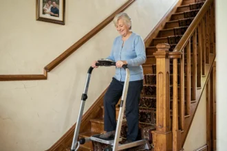 Femme senior utilisant un monte escalier mobile portable dans un escalier en bois d'une maison traditionnelle
