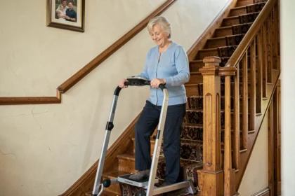 Femme senior utilisant un monte escalier mobile portable dans un escalier en bois d'une maison traditionnelle