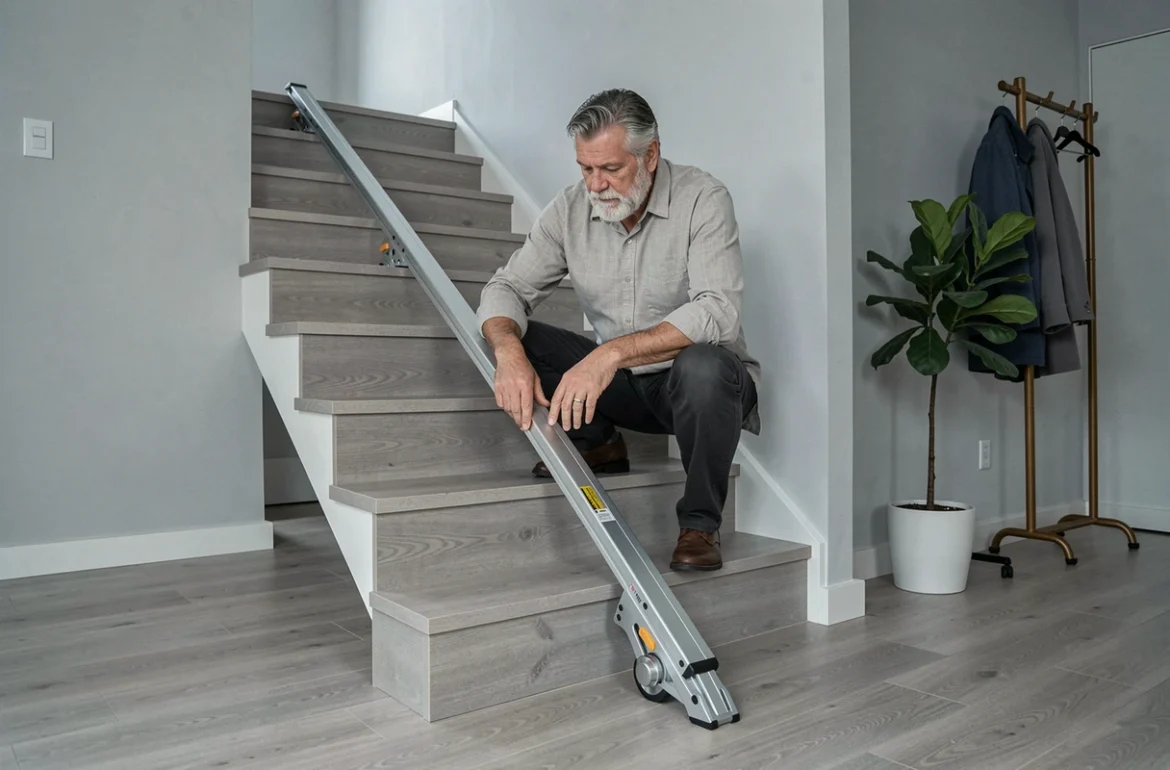 Homme senior examinant un monte-escalier portable posé contre un escalier droit dans un appartement moderne
