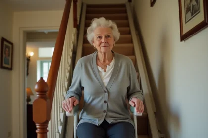 Femme âgée assise sur un monte-escalier portable installé sur un escalier en bois dans une maison française traditionnelle